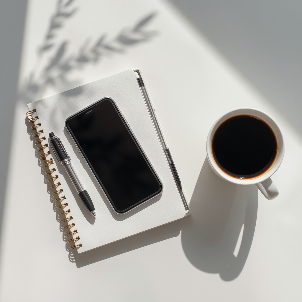 Clean flat lay of smartphone, notebook, pen, and coffee on white desk, bright morning sunlight, top down composition
